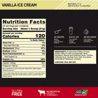 Información Nutricional Proteína helado Vainilla 1.5lb - Optimum nutrition