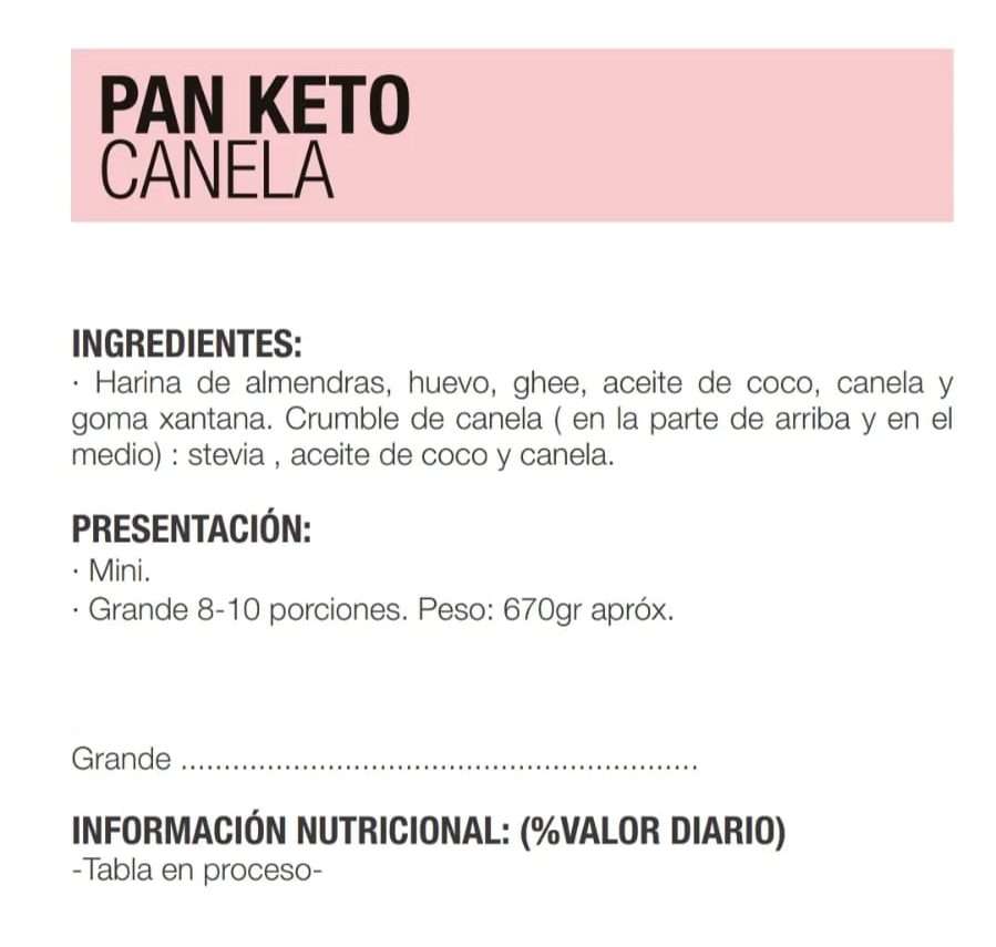 TABLA NUTRICIONAL Pan keto Canela 670gr