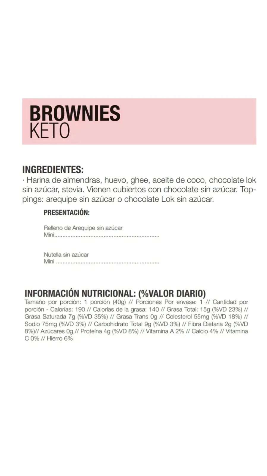 Tabla Nutricional Brownie keto Arequipe sin azucar40gr -Treat Bakery