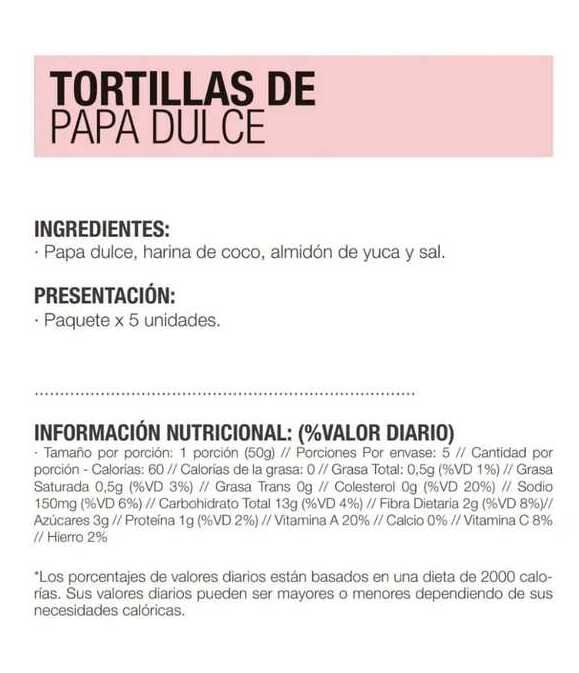 Información Tortillas batata dulce 5 und