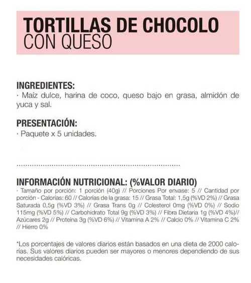 Información Tortillas chócolo queso 5 und