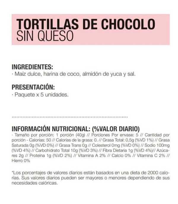 Información Tortillas de chocolo sin queso