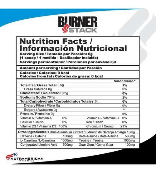 Información Nutricional Burner stack 60 serv 360gr