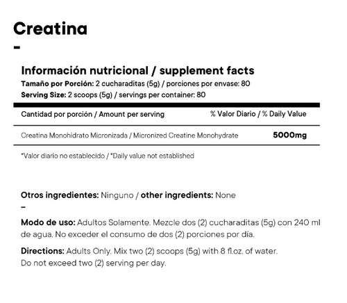 Información Nutricional Creatina 300gr 100 servicios