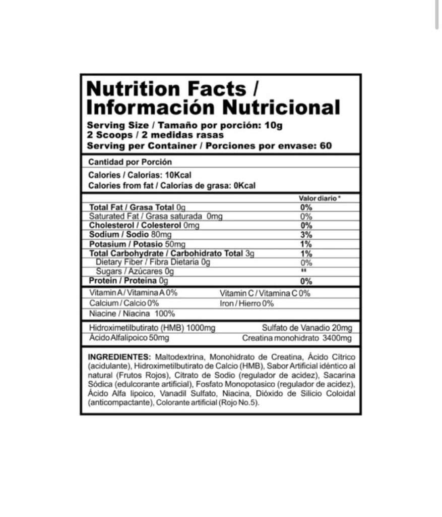 Información Nutricional Creatina Crea Stack frutos Rojos - Nutramerican pharma