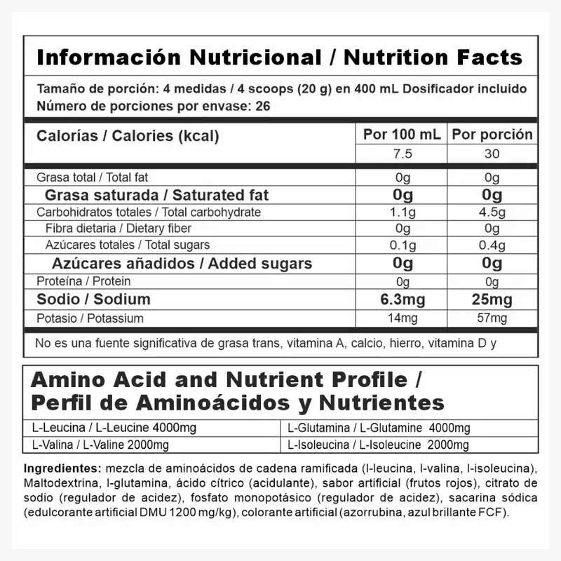 Información Nutricional Aminoácidos Nitro shock 440gr - Proscience