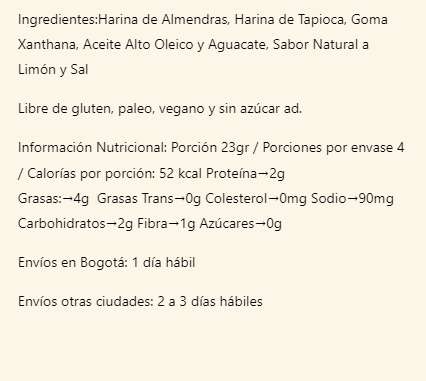 Información Nutricional Nachos de Almendras Limon 90gr - Palamano