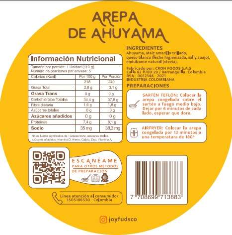 Información Nutricional Arepas de Ahuyama con queso 5und - JOYFUDS